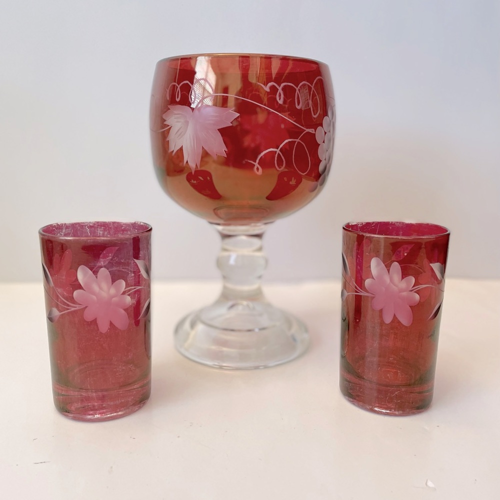 Vintage Bohemian Ruby Red Etched Glasses